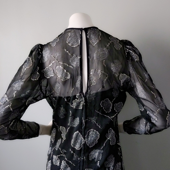 Vtg 80s Victor Costa Archival Sheer Glitter Leaf Print Full Skirt Party Dress M - Picture 6 of 8